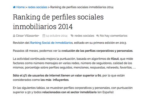 Rànking de perfiles sociales inmobiliarios publicado por César Villasante en Inmoblog