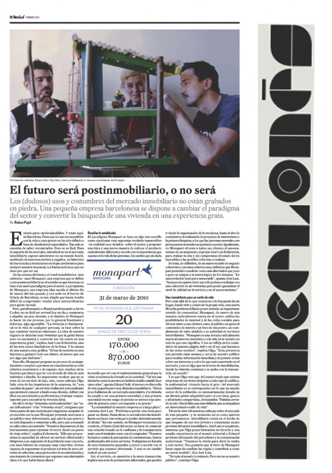 El futuro será postinmobiliario o no será noticia publicada en la revista El Barcelonés | Monapart